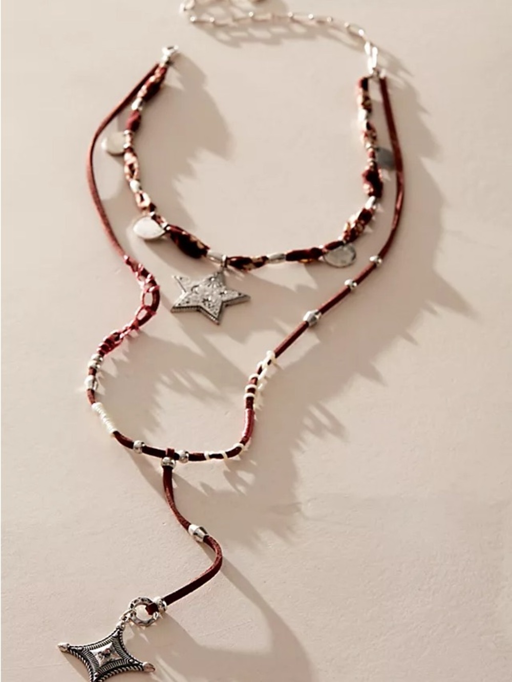 Free People Layered Cord Necklace with Silver Star and Geometric Pendants